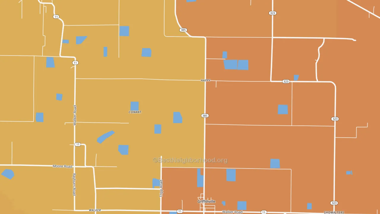 Map of the best neighborhoods in the Happy area, with better matches in green and worse matches in red