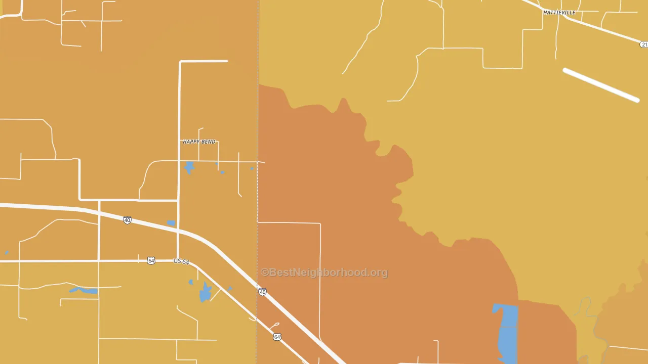 Map of the best neighborhoods in the Happy Bend area, with better matches in green and worse matches in red