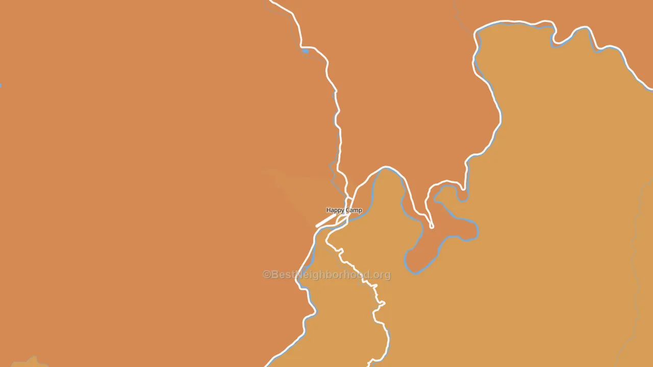 Map of the best neighborhoods in the Happy Camp area, with better matches in green and worse matches in red