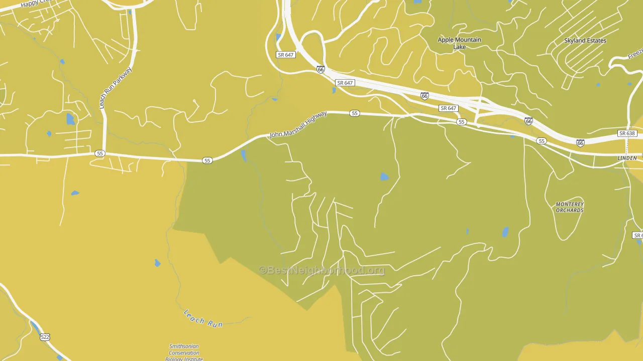 Map of the best neighborhoods in the Happy Creek area, with better matches in green and worse matches in red