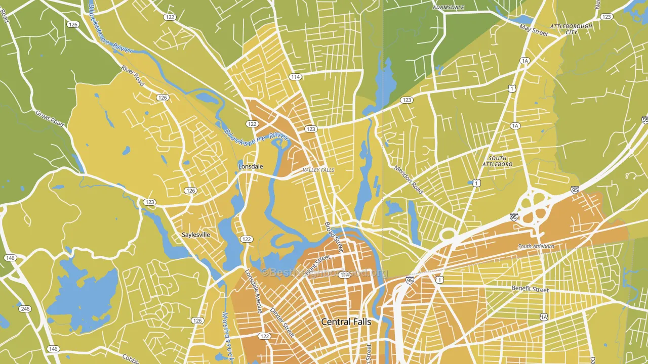 Map of the best neighborhoods in the Happy Hollow, Valley Falls area, with better matches in green and worse matches in red