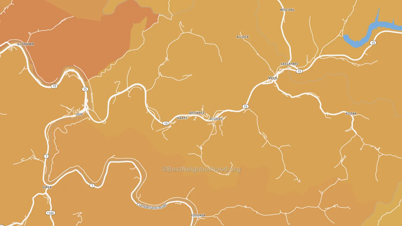 Map of the best neighborhoods in the Happy area, with better matches in green and worse matches in red