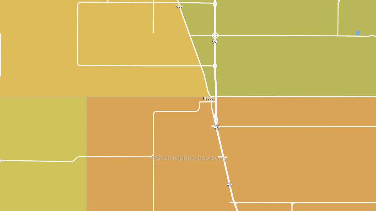 Map of the best neighborhoods in the Happy area, with better matches in green and worse matches in red