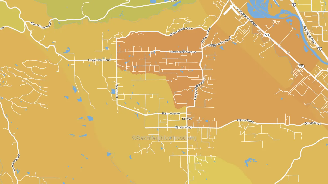 Map of the best neighborhoods in the Happy Valley, Anderson area, with better matches in green and worse matches in red