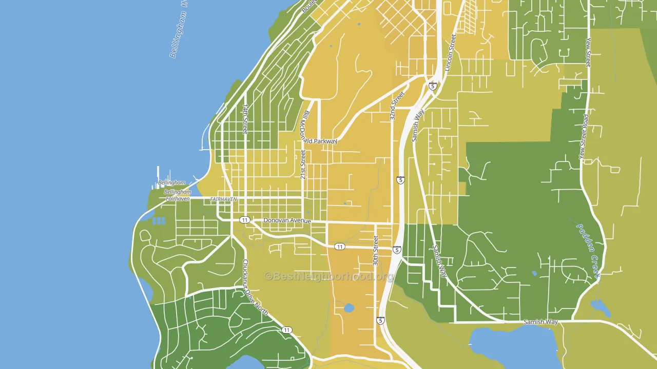 Map of the best neighborhoods in the Happy Valley, Bellingham area, with better matches in green and worse matches in red