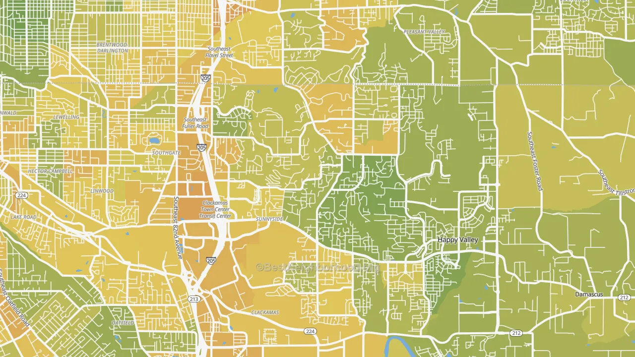 Map of the best neighborhoods in the Happy Valley area, with better matches in green and worse matches in red
