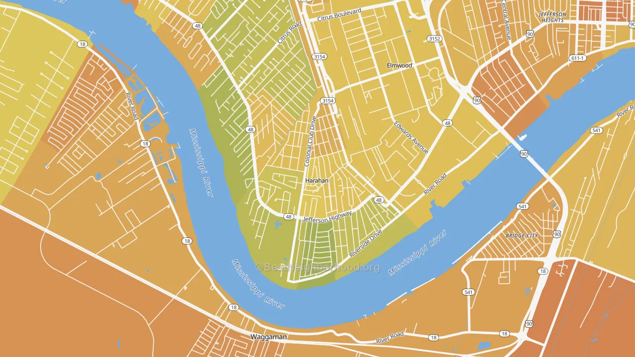 Map of the best neighborhoods in the Harahan area, with better matches in green and worse matches in red