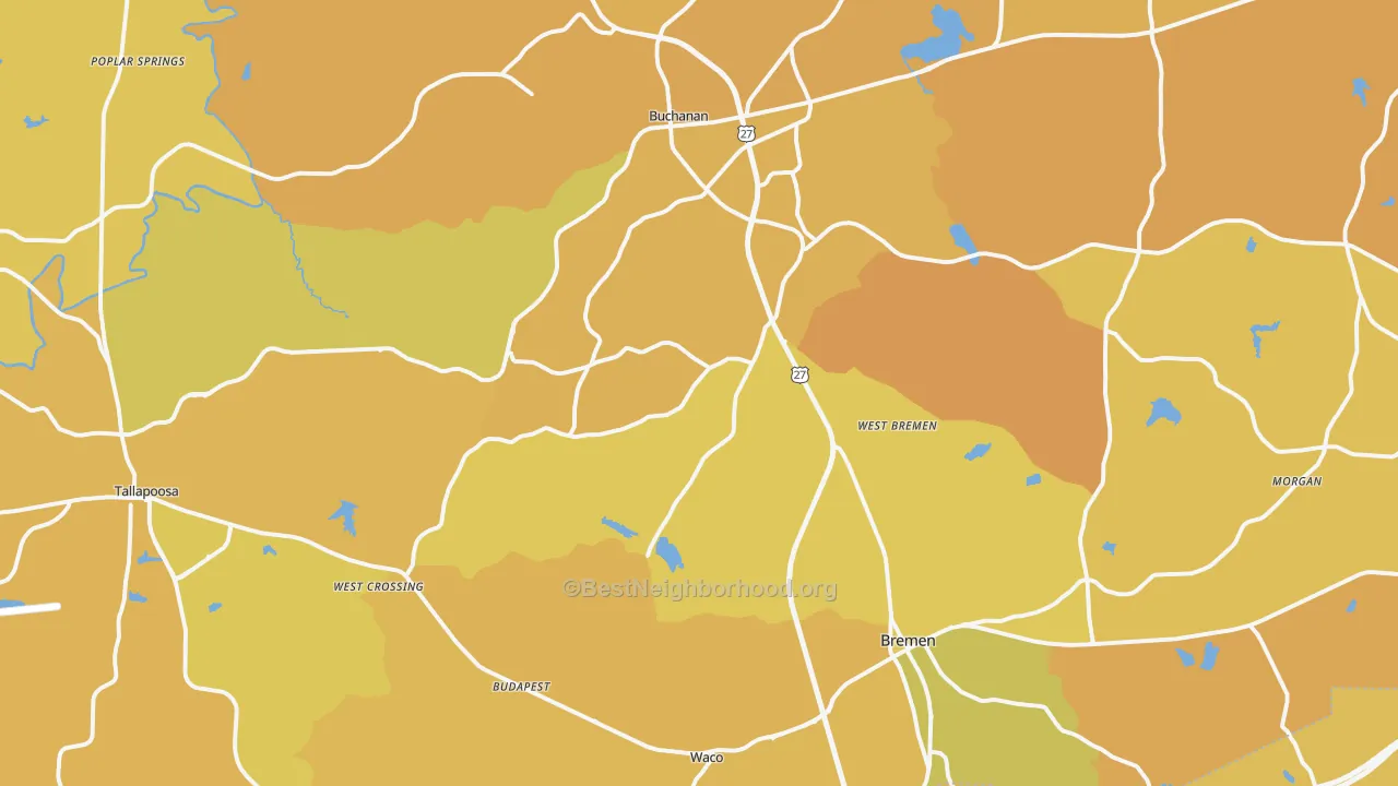 Map of the best neighborhoods in the Haralson County area, with better matches in green and worse matches in red