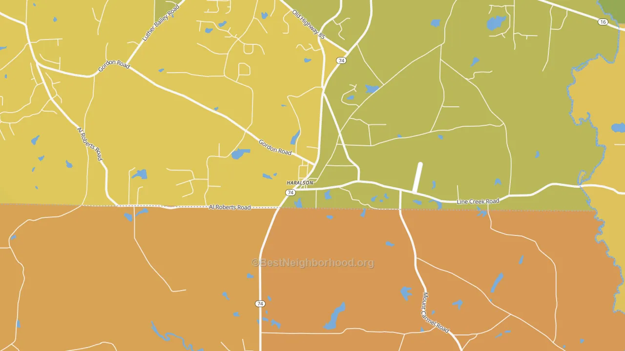 Map of the best neighborhoods in the Haralson area, with better matches in green and worse matches in red