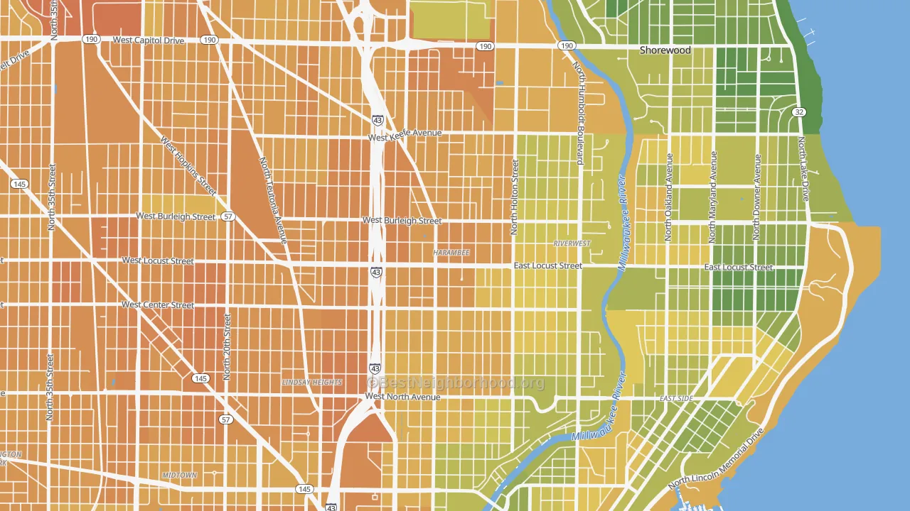 Map of the best neighborhoods in the Harambee, Milwaukee area, with better matches in green and worse matches in red