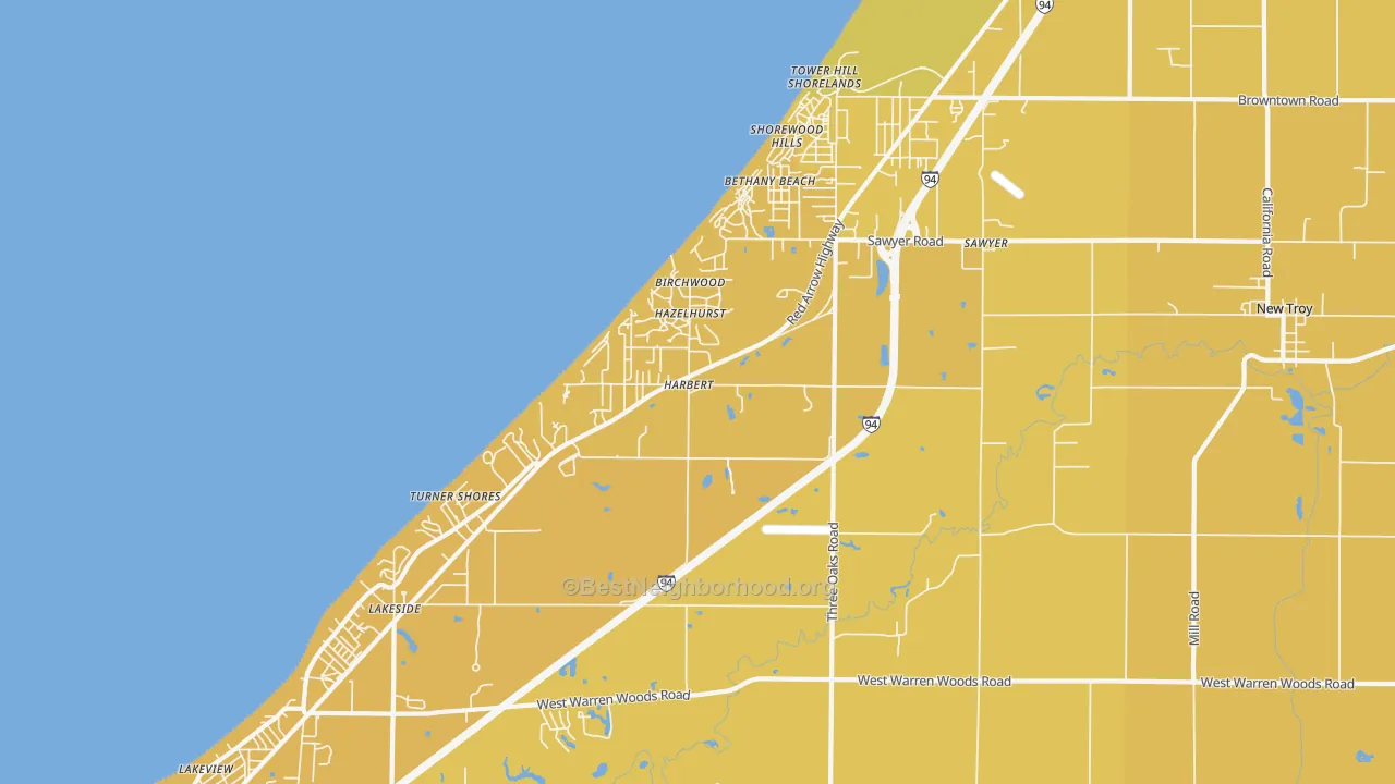 Map of the best neighborhoods in the Harbert area, with better matches in green and worse matches in red
