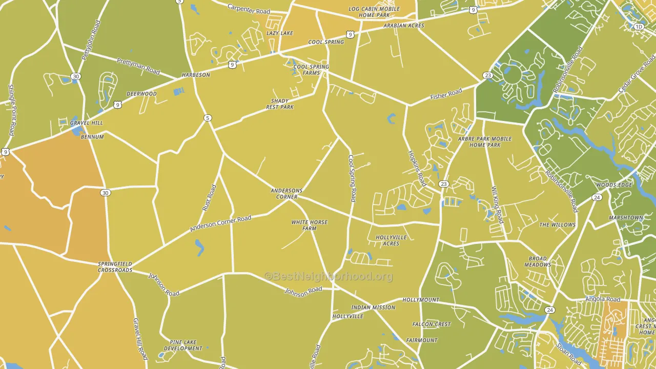 Map of the best neighborhoods in the Harbeson area, with better matches in green and worse matches in red