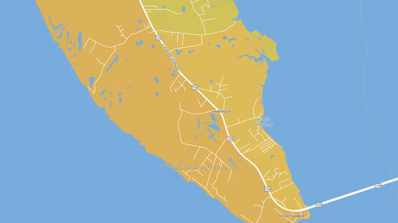 Map of the best neighborhoods in the Harbinger area, with better matches in green and worse matches in red