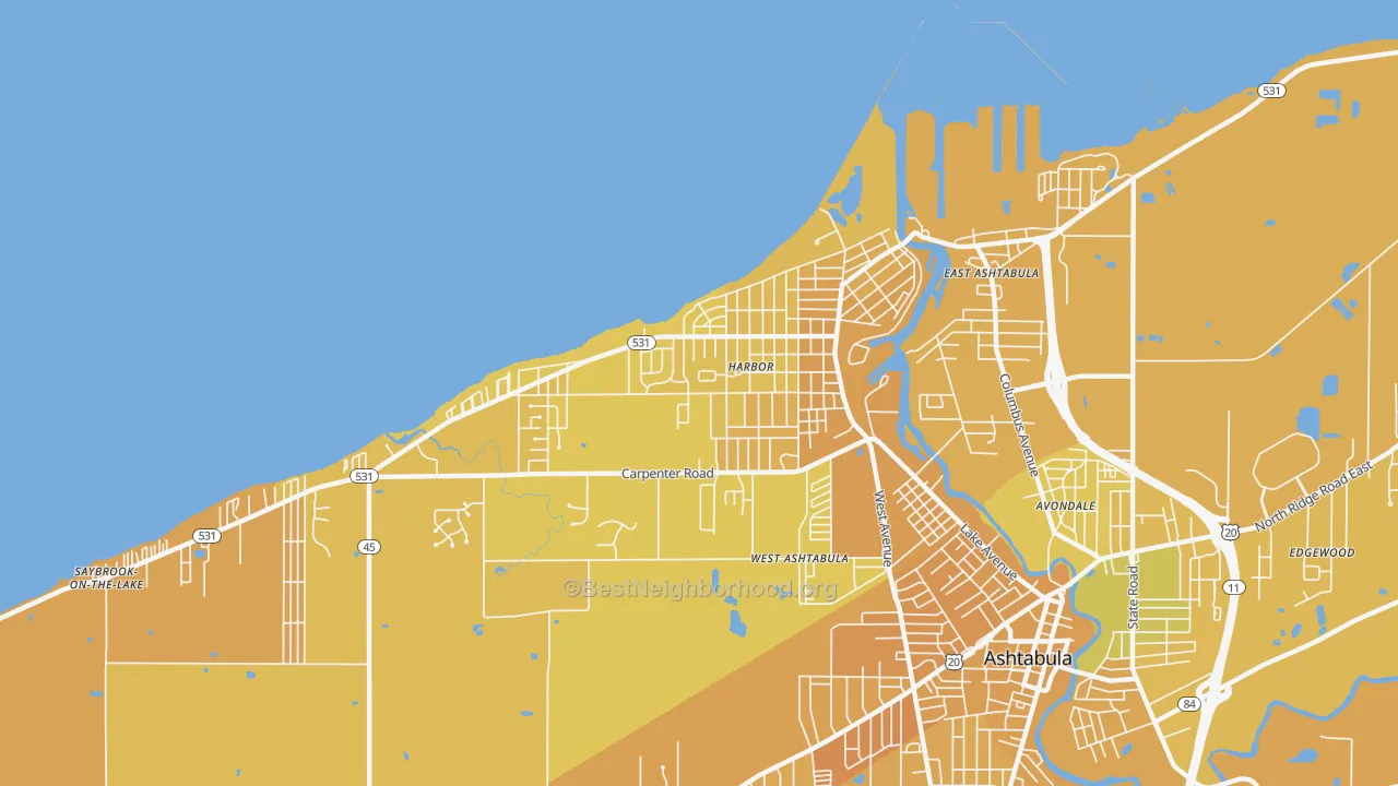 Map of the best neighborhoods in the Harbor, Ashtabula area, with better matches in green and worse matches in red