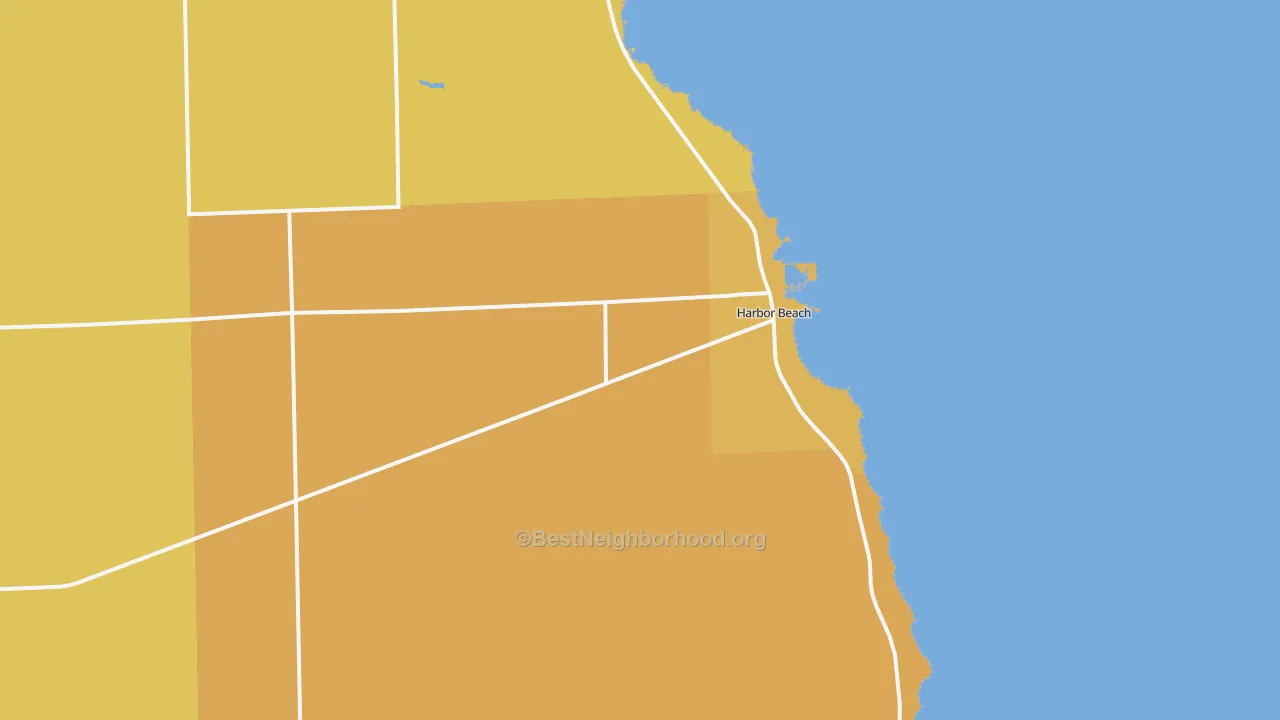 Map of the best neighborhoods in the Harbor Beach area, with better matches in green and worse matches in red