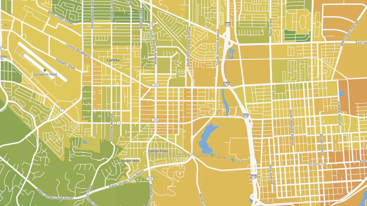 Map of the best neighborhoods in the Harbor City area, with better matches in green and worse matches in red
