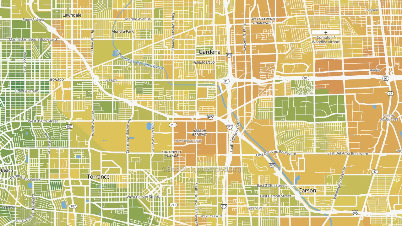 Map of the best neighborhoods in the Harbor Gateway, Torrance area, with better matches in green and worse matches in red