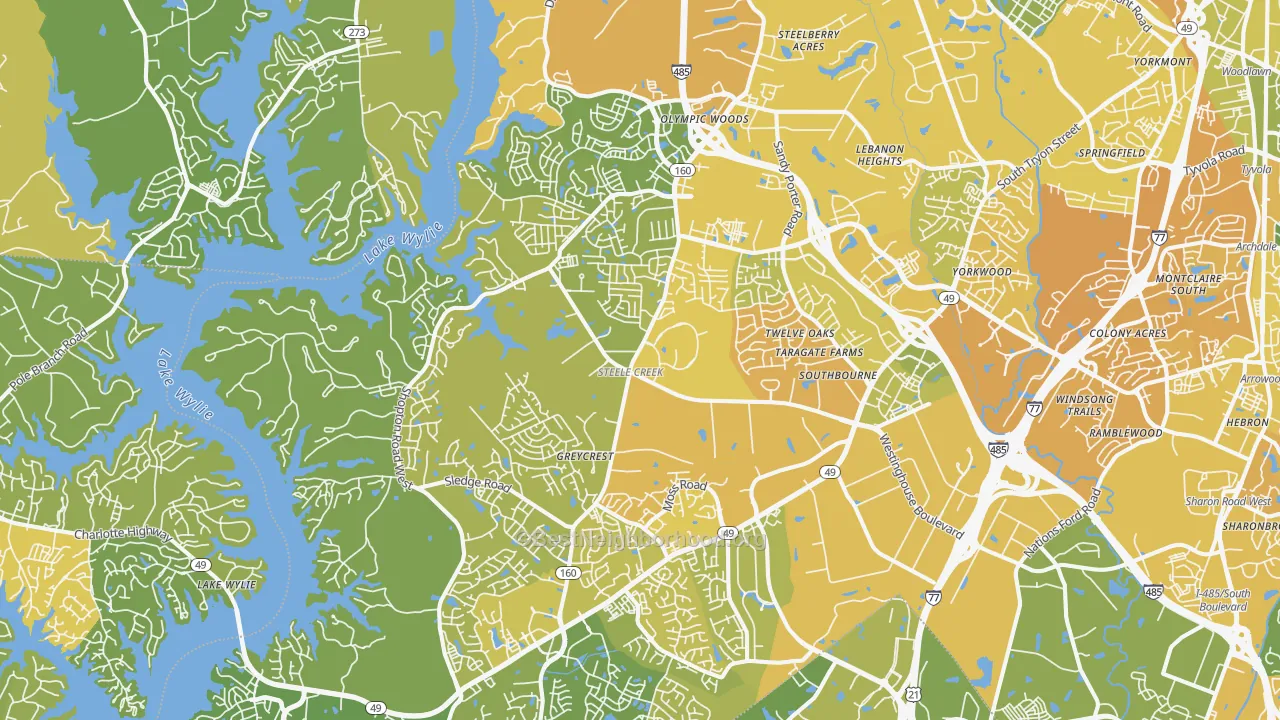 Map of the best neighborhoods in the Harbor House, Charlotte area, with better matches in green and worse matches in red