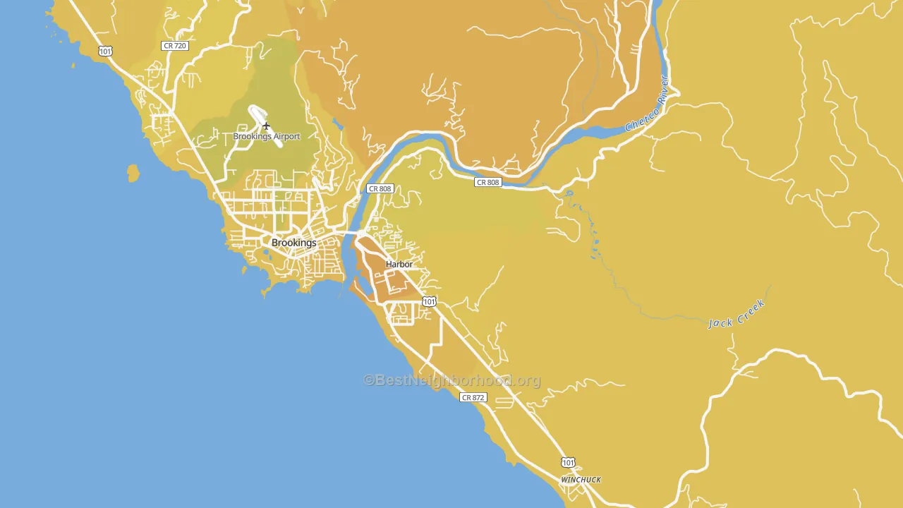 Map of the best neighborhoods in the Harbor area, with better matches in green and worse matches in red