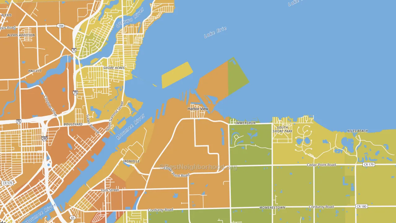 Map of the best neighborhoods in the Harbor View area, with better matches in green and worse matches in red