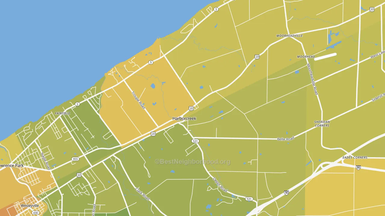 Map of the best neighborhoods in the Harborcreek area, with better matches in green and worse matches in red