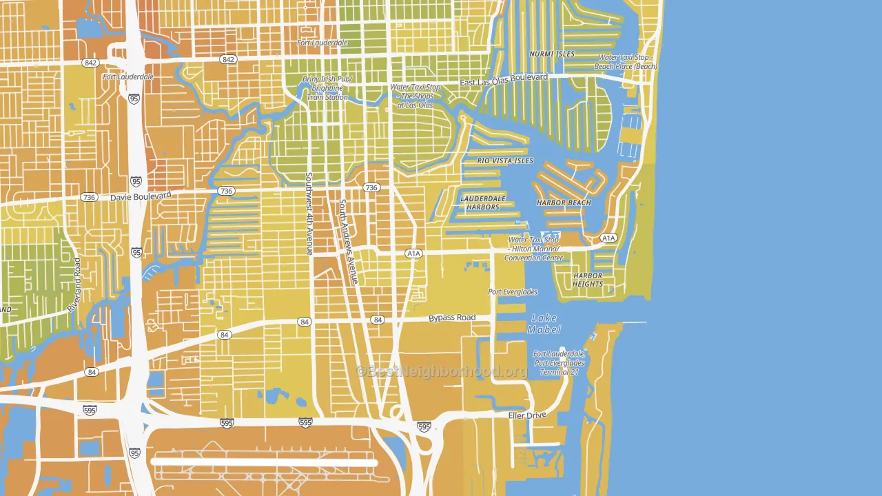 Map of the best neighborhoods in the Harbordale, Fort Lauderdale area, with better matches in green and worse matches in red