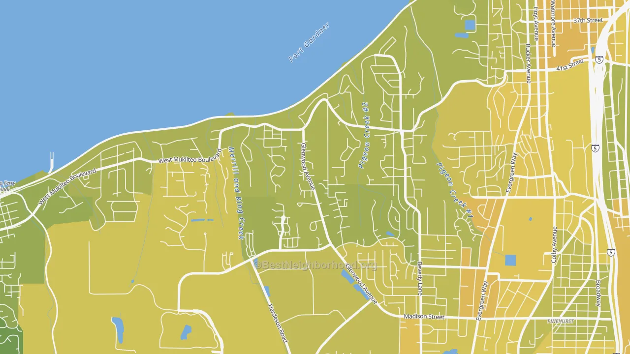 Map of the best neighborhoods in the Harborview-Seahurst-Glenhaven, Everett area, with better matches in green and worse matches in red