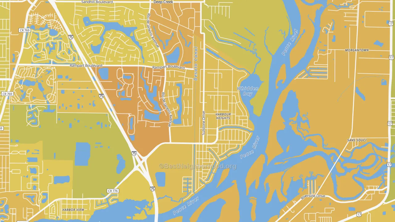 Map of the best neighborhoods in the Harbour Heights area, with better matches in green and worse matches in red