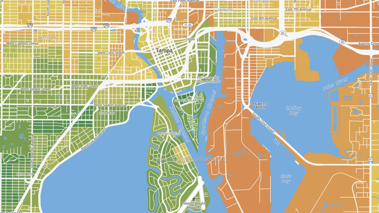 Map of the best neighborhoods in the Harbour Island, Tampa area, with better matches in green and worse matches in red