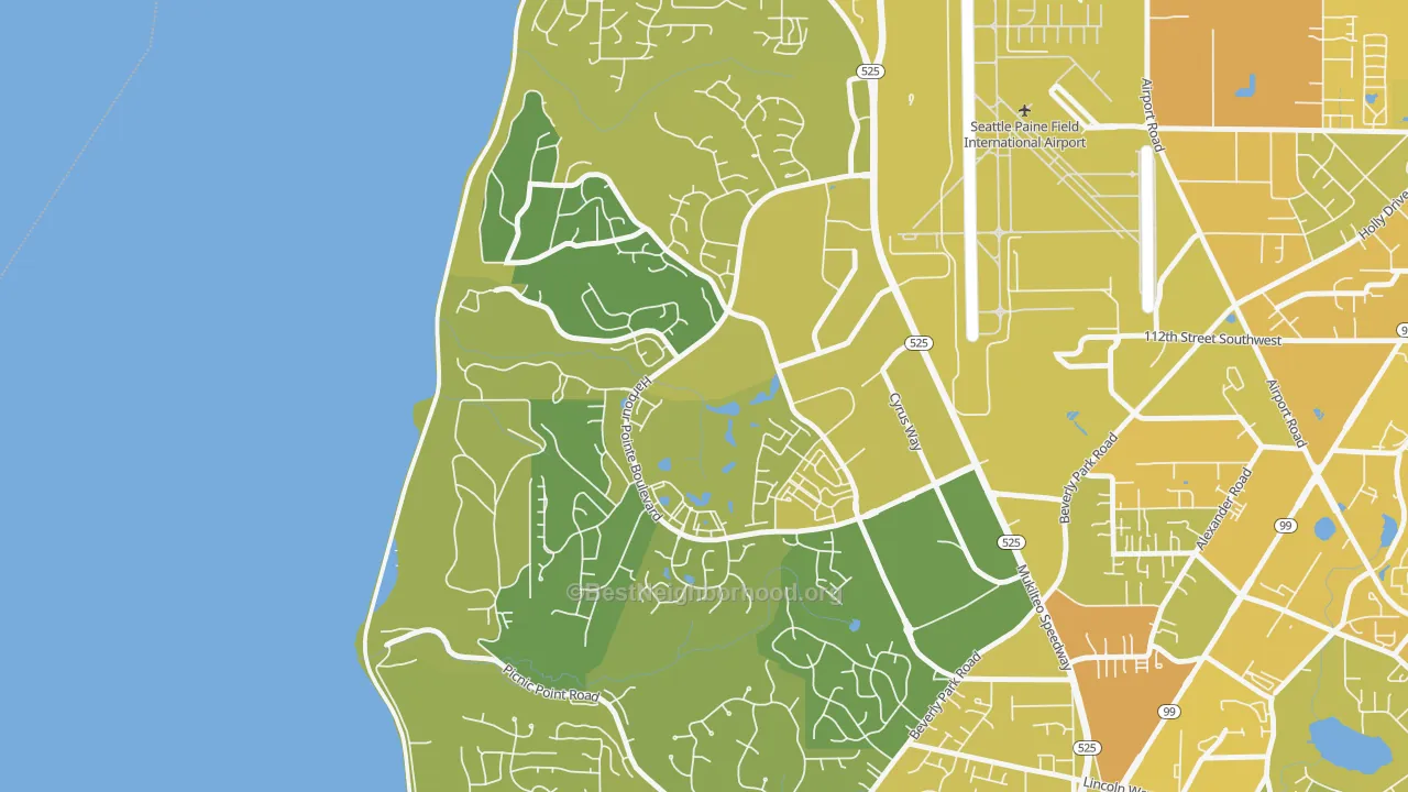 Map of the best neighborhoods in the Harbour Pointe, Mukilteo area, with better matches in green and worse matches in red