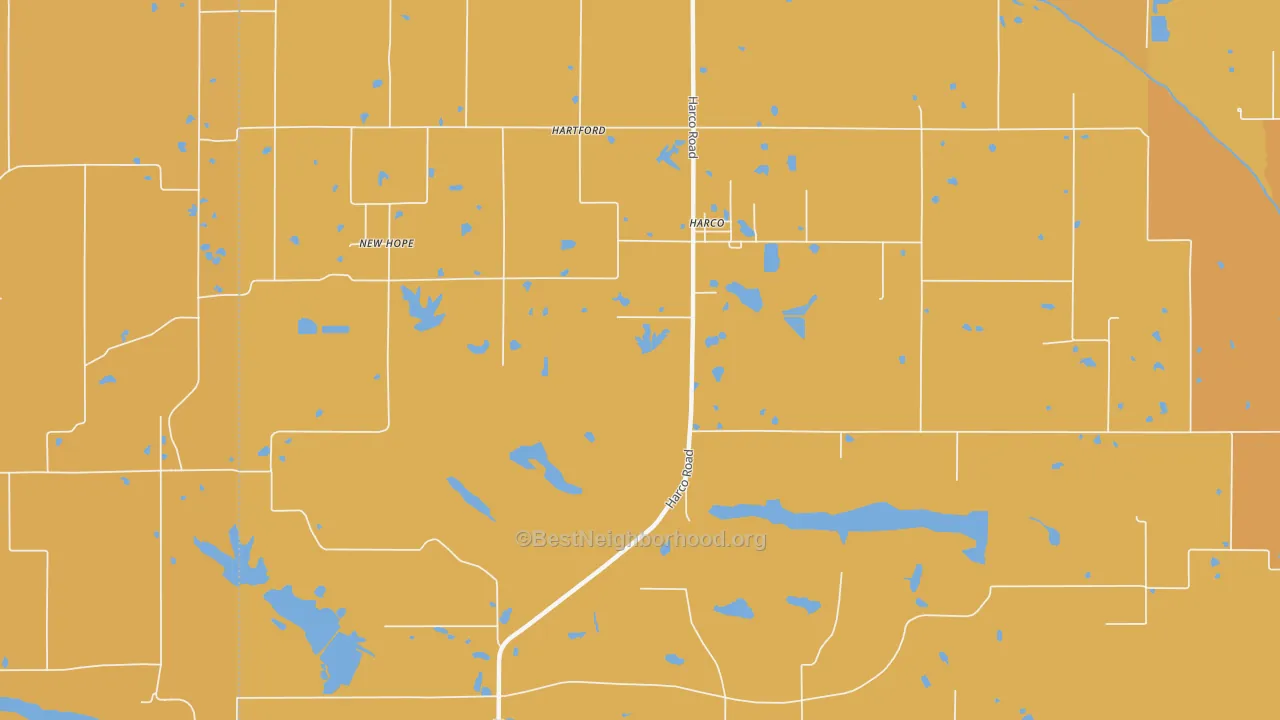 Map of the best neighborhoods in the Harco area, with better matches in green and worse matches in red