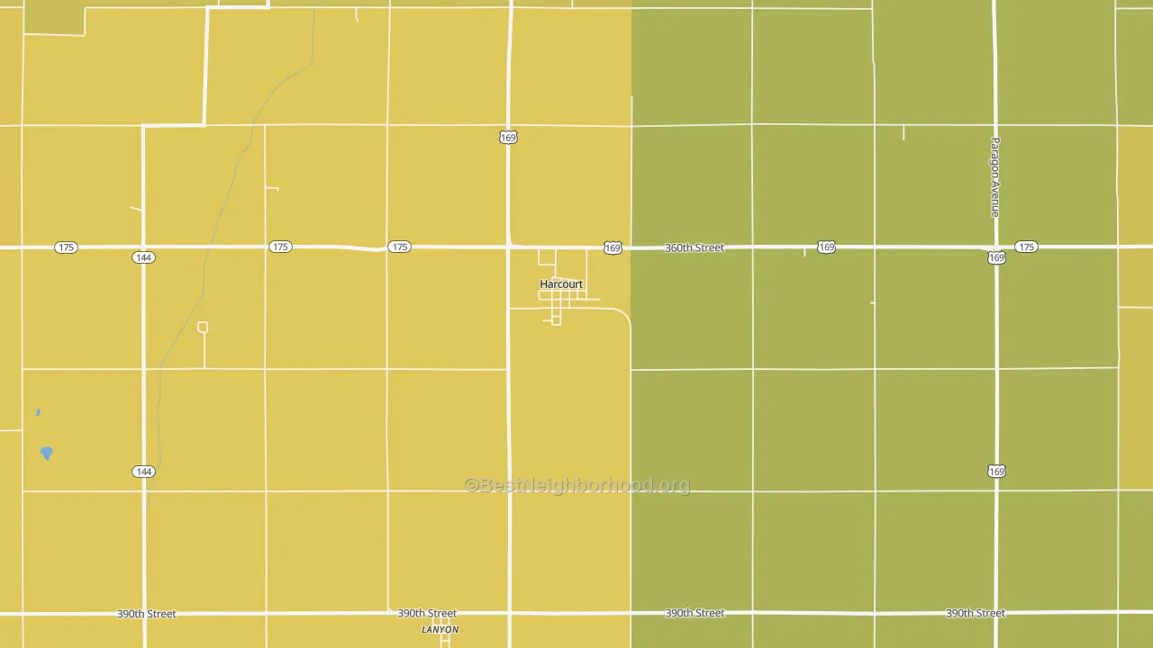 Map of the best neighborhoods in the Harcourt area, with better matches in green and worse matches in red
