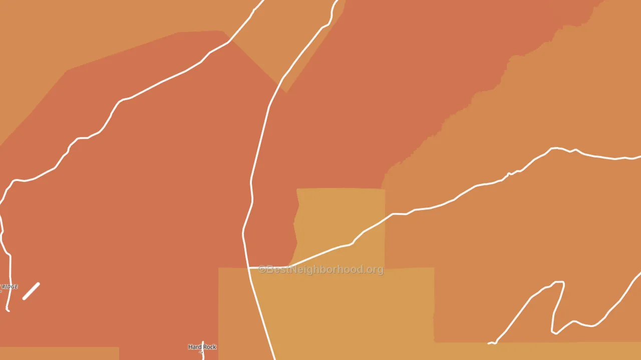 Map of the best neighborhoods in the Hard Rocks area, with better matches in green and worse matches in red