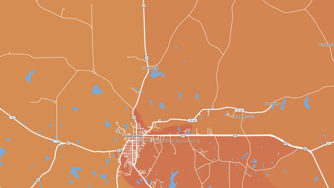 Map of the best neighborhoods in the Hardaway area, with better matches in green and worse matches in red