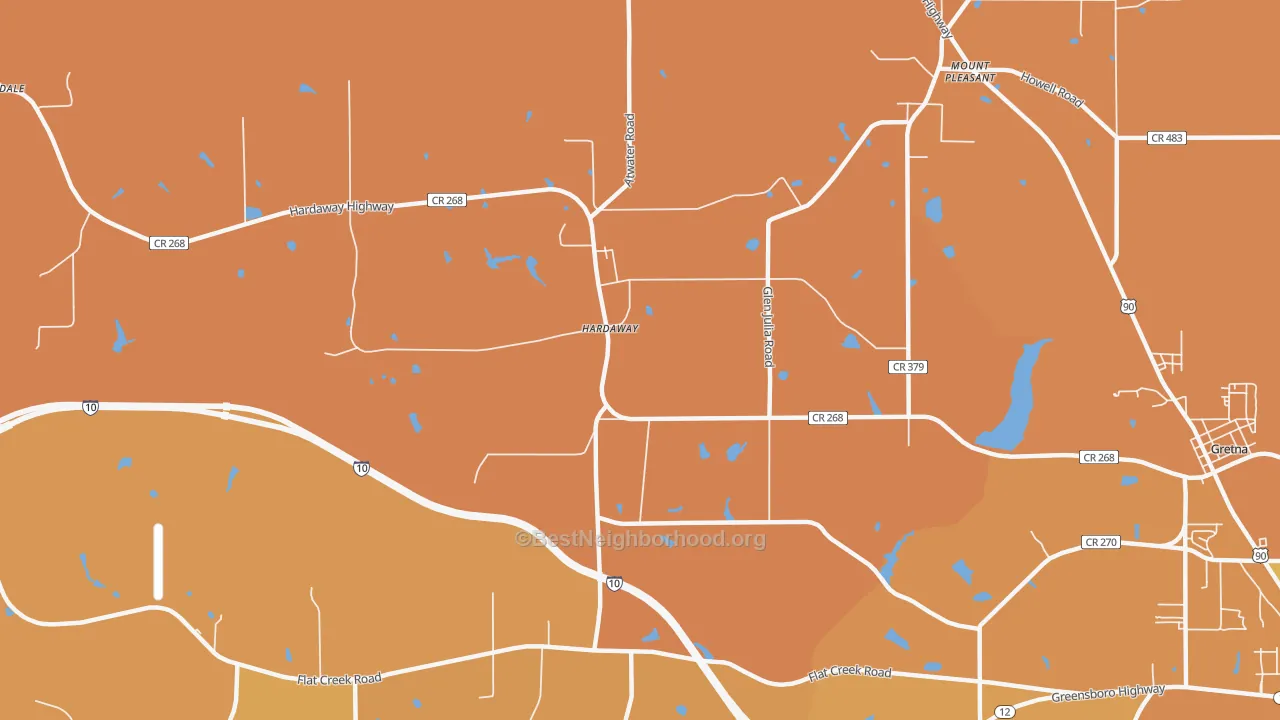 Map of the best neighborhoods in the Hardaway area, with better matches in green and worse matches in red