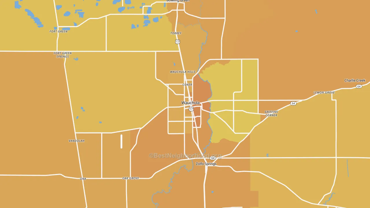 Map of the best neighborhoods in the Hardee County area, with better matches in green and worse matches in red