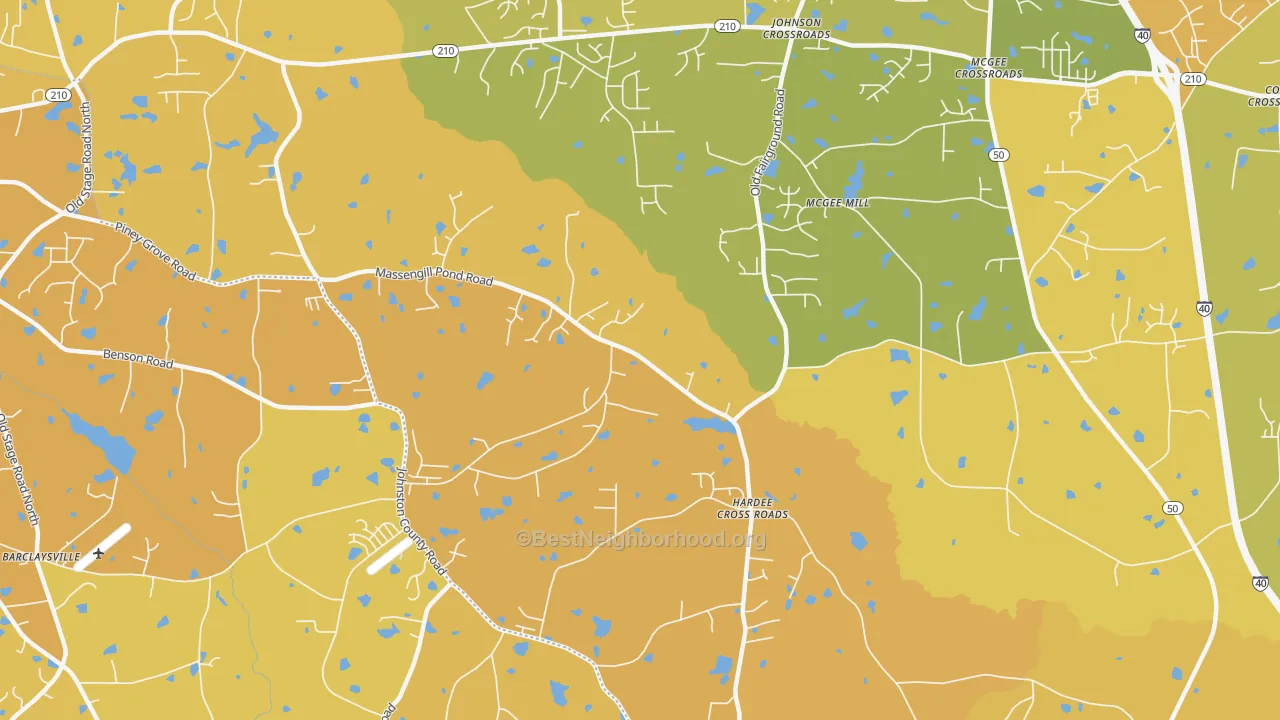 Map of the best neighborhoods in the Hardee Cross Roads area, with better matches in green and worse matches in red