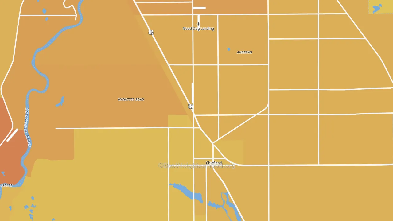 Map of the best neighborhoods in the Hardeetown area, with better matches in green and worse matches in red