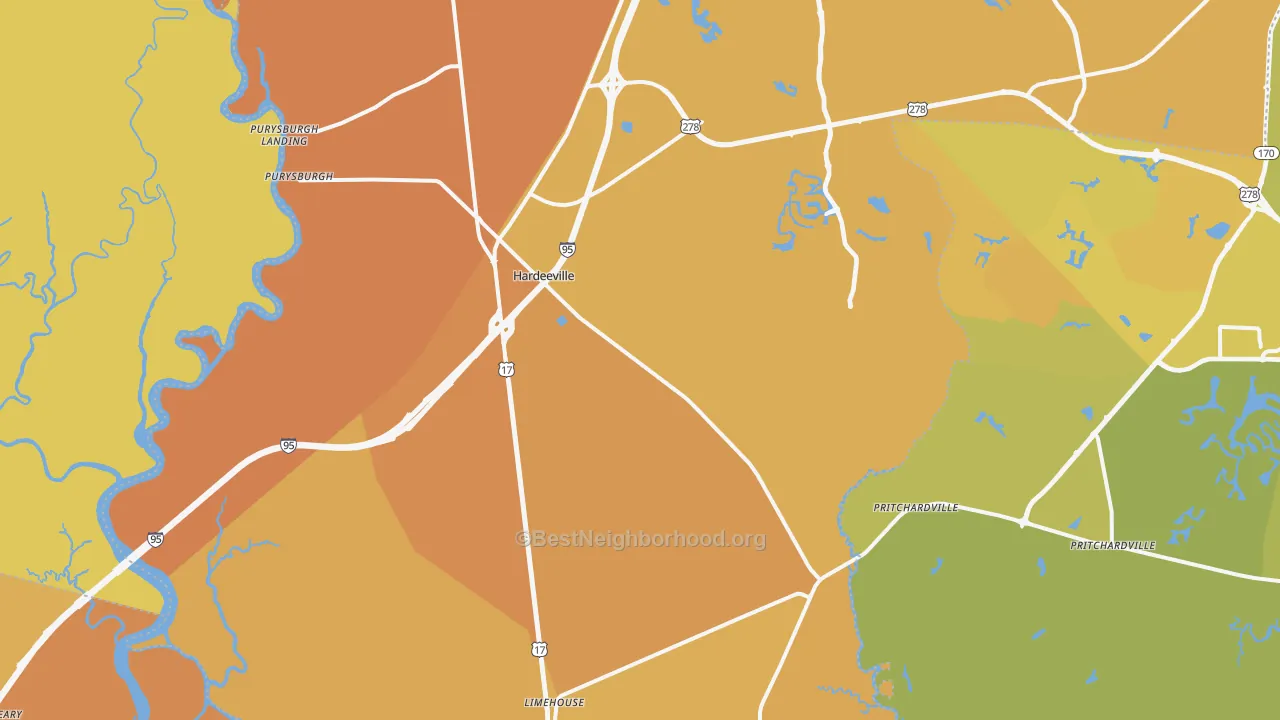 Map of the best neighborhoods in the Hardeeville area, with better matches in green and worse matches in red
