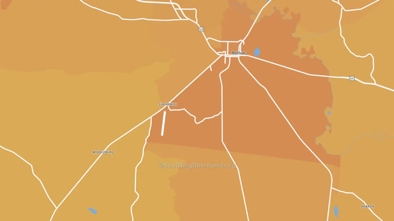 Map of the best neighborhoods in the Hardeman County area, with better matches in green and worse matches in red
