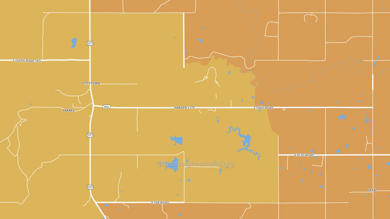 Map of the best neighborhoods in the Harden City area, with better matches in green and worse matches in red
