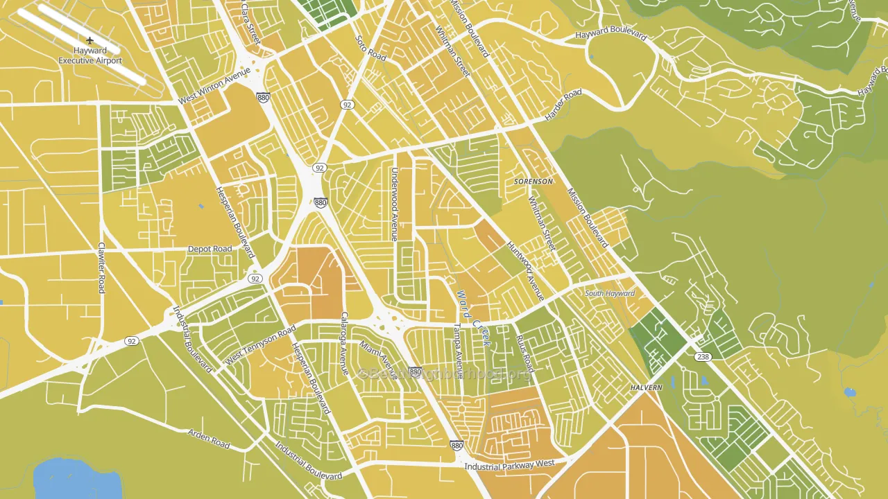 Map of the best neighborhoods in the Harder-Tennyson, Hayward area, with better matches in green and worse matches in red