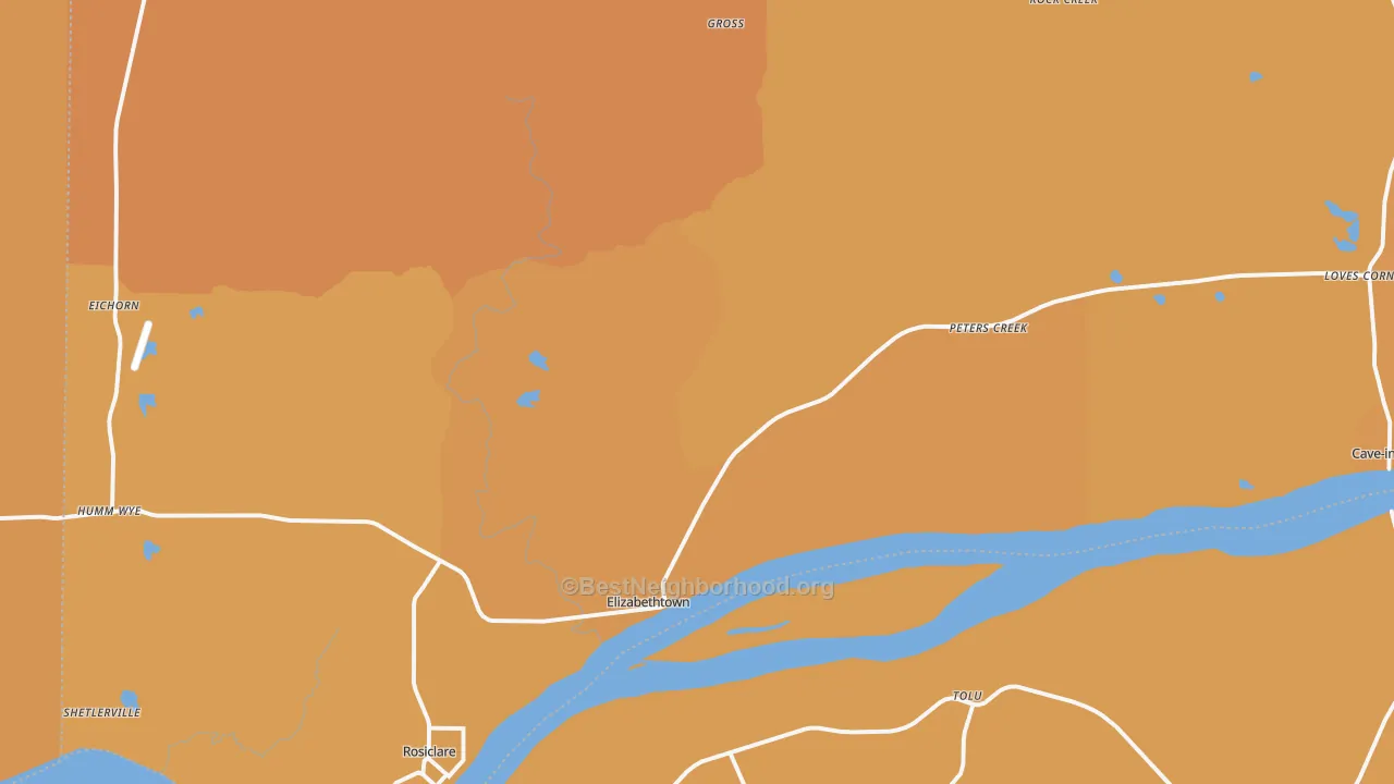 Map of the best neighborhoods in the Hardin County area, with better matches in green and worse matches in red