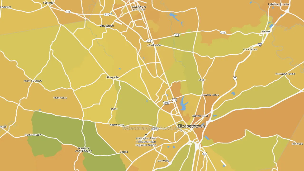 Map of the best neighborhoods in the Hardin County area, with better matches in green and worse matches in red