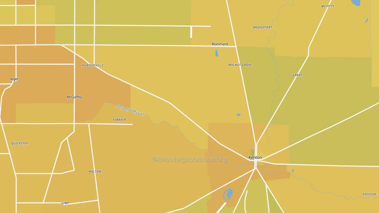 Map of the best neighborhoods in the Hardin County area, with better matches in green and worse matches in red