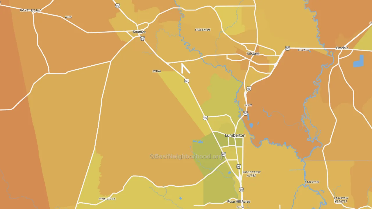 Map of the best neighborhoods in the Hardin County area, with better matches in green and worse matches in red