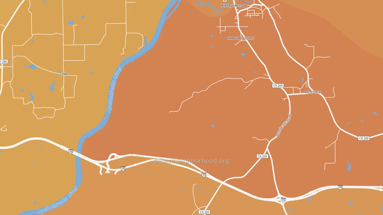 Map of the best neighborhoods in the Hardin Heights area, with better matches in green and worse matches in red