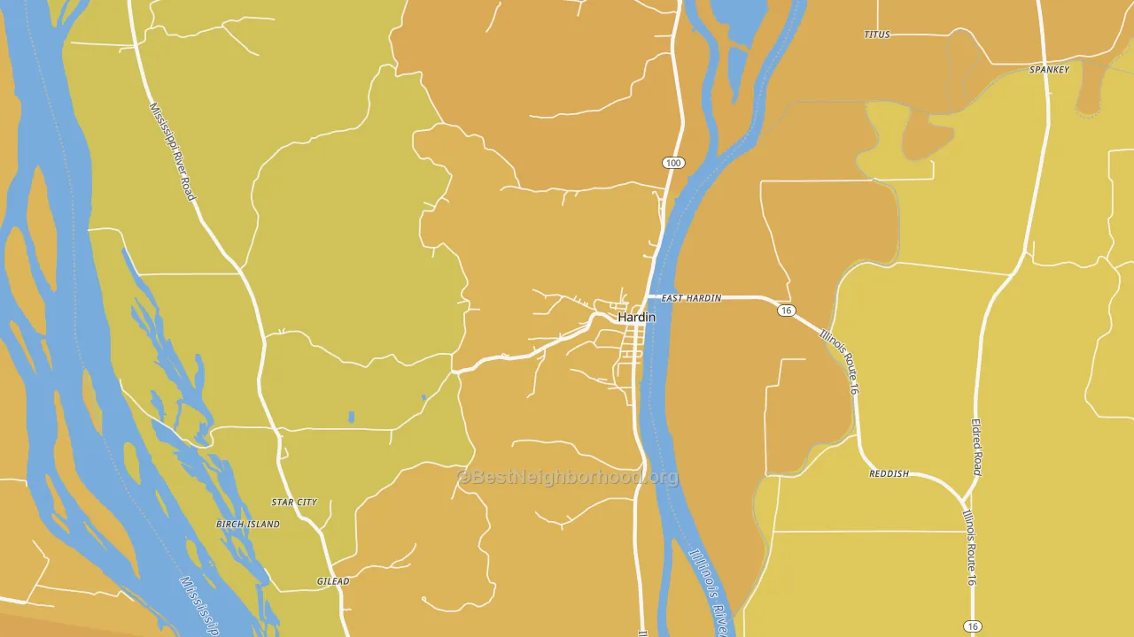 Map of the best neighborhoods in the Hardin area, with better matches in green and worse matches in red