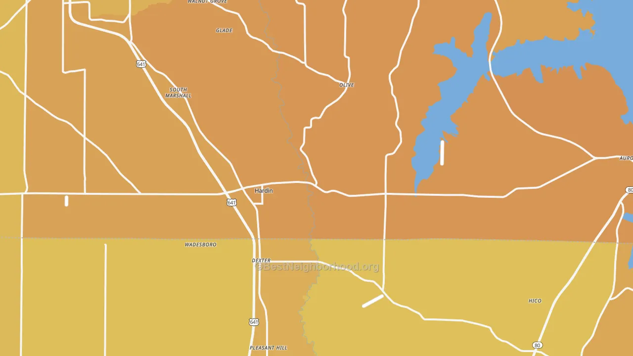 Map of the best neighborhoods in the Hardin area, with better matches in green and worse matches in red