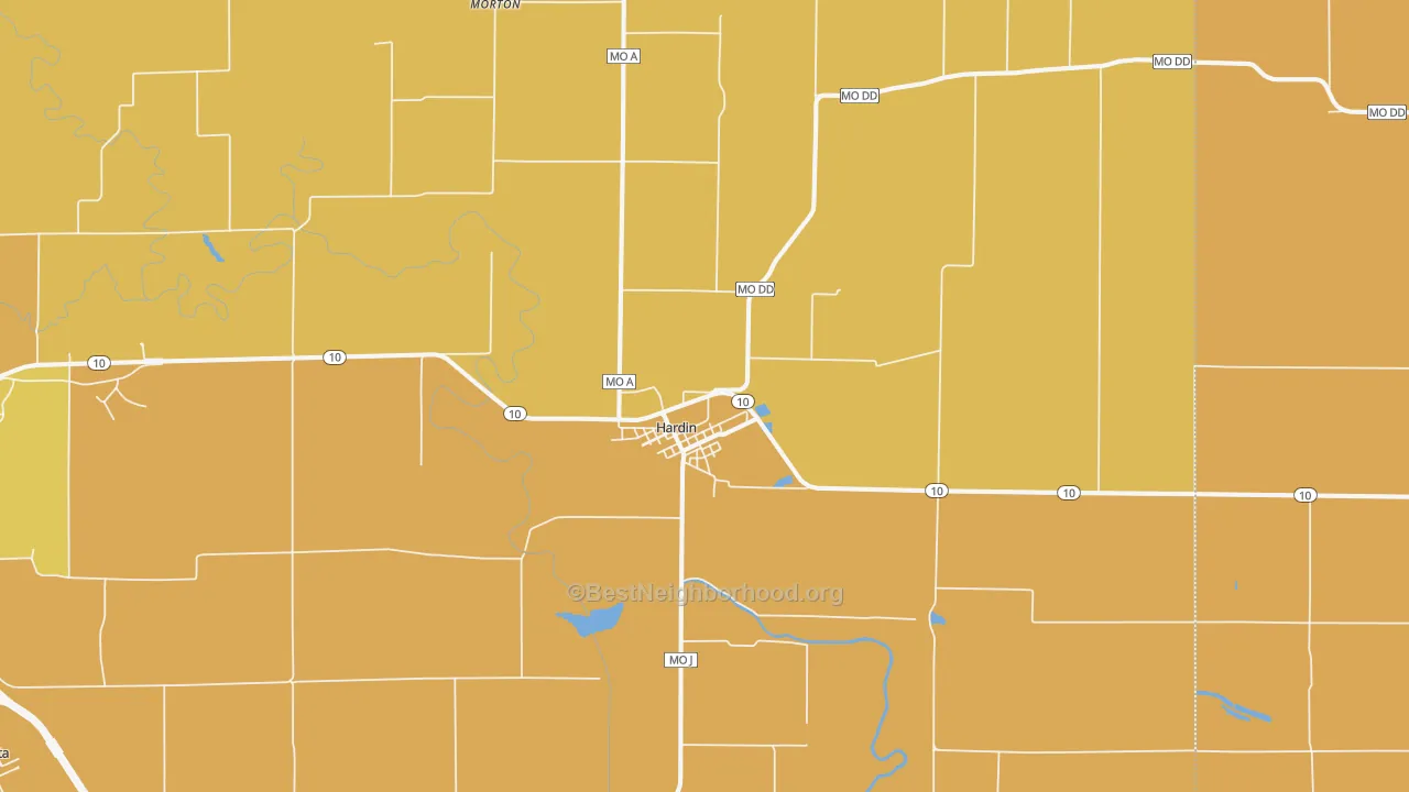 Map of the best neighborhoods in the Hardin area, with better matches in green and worse matches in red